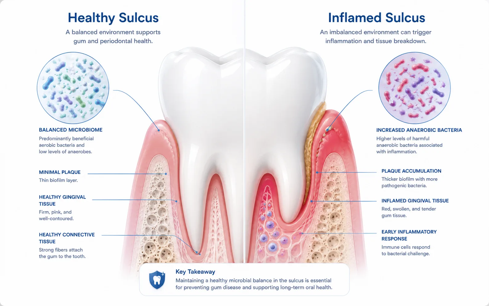 Hub-and-spoke diagram showing the oral microbiome at the center connecting to five interrelated warning signs: gum changes, bad breath, dry mouth, cavities, and taste changes