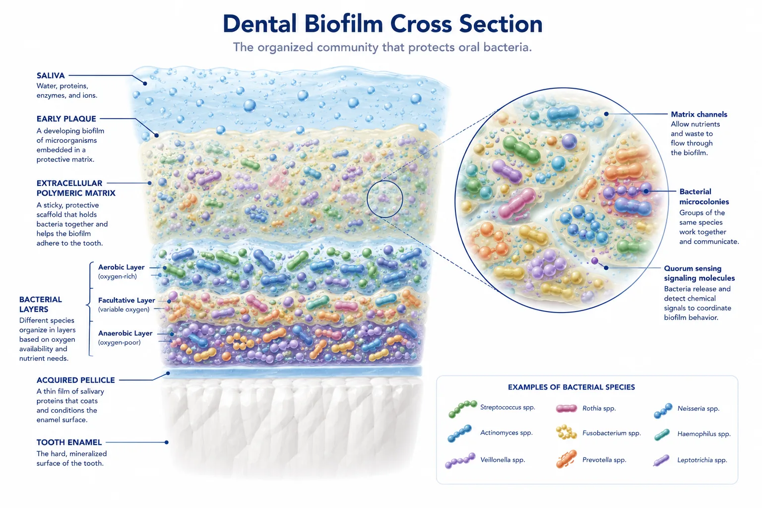 Balance scale diagram showing demineralization on one side and remineralization on the other, with saliva and fluoride tipping the balance toward repair
